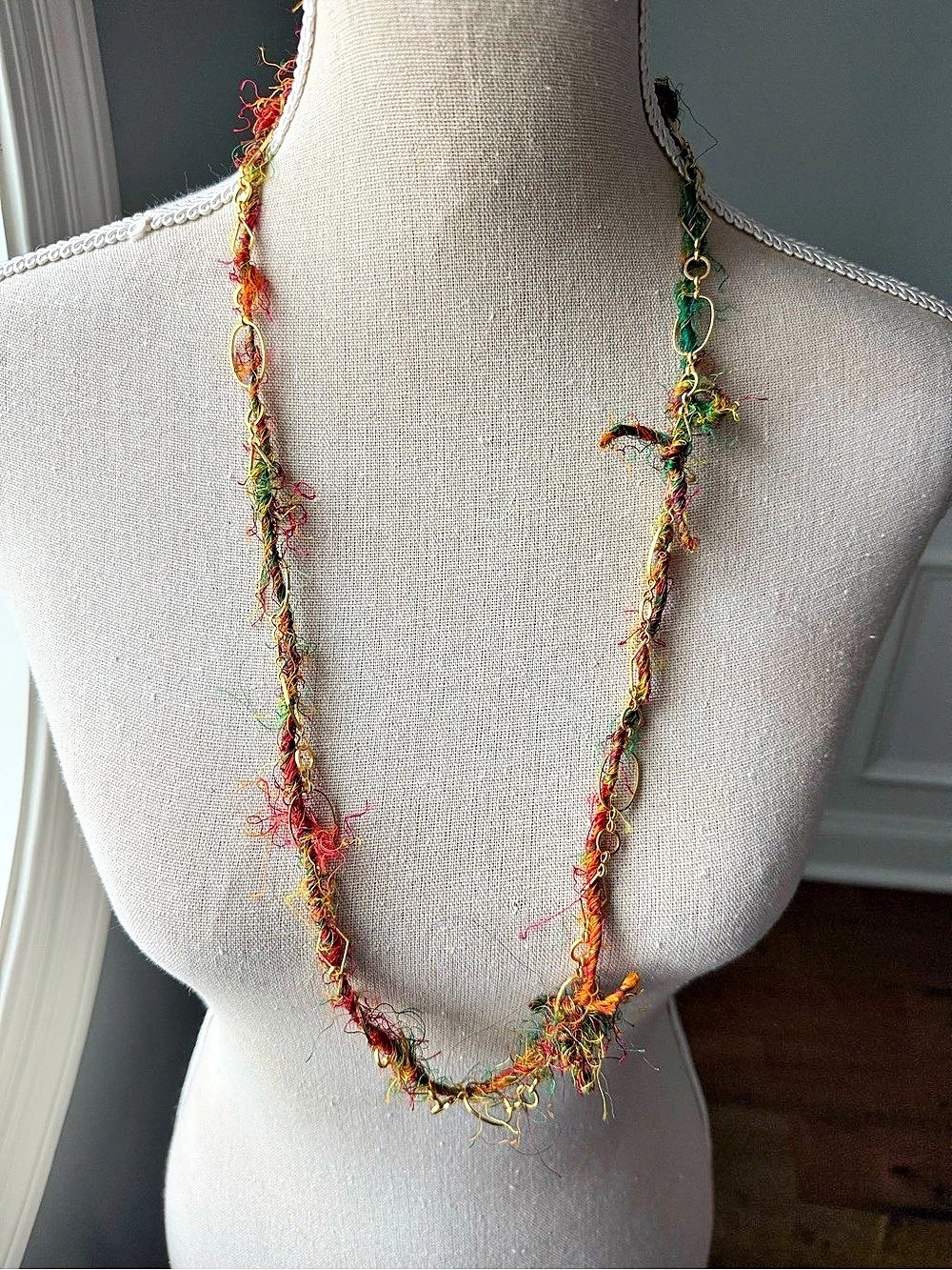 Multicolor Fiber and Gold Chain Necklace